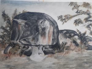 painting using grays and neutral colors, seems to be a painting of a large boulder