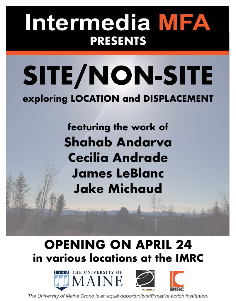 event poster stating all of the same information details already shared in the accompanying text. Title at the top, opening date at the bottom, and in the middle is the featured artists names on top of a background photo of mountain rage and sky