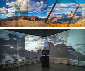 a still image from the projection sits on top and it appears to show a scene of mountains, below is a separate image of the same image still projected into a 360 degree projection room 