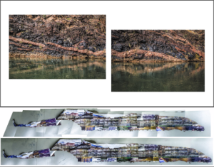 2 different photo collages using partial images of the same rock face on the edge of the water, most likely a canyon, to make one larger/full image